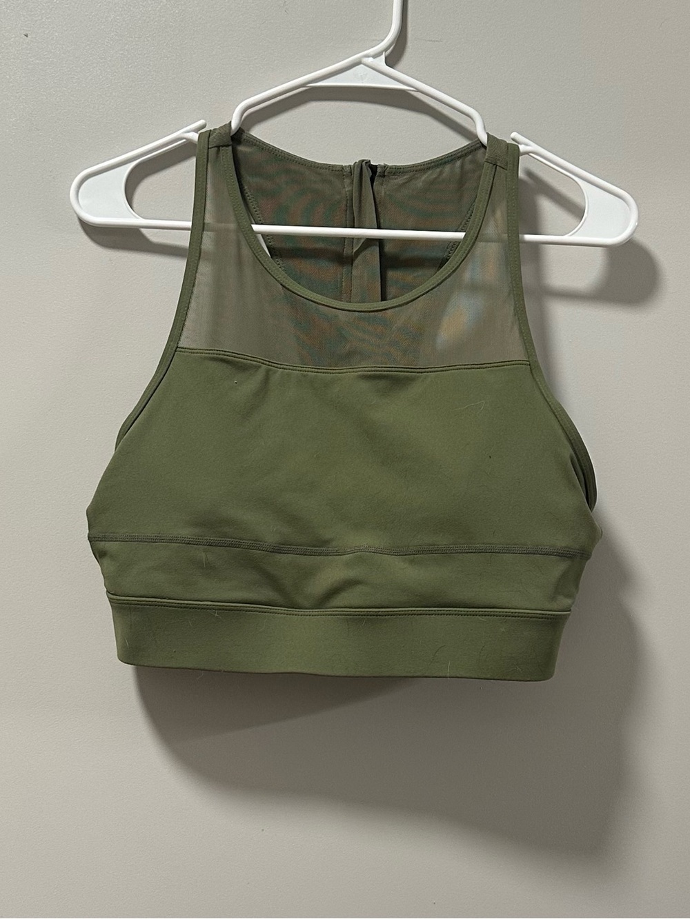 High-Neck Olive Sports Bra with Mesh Panel